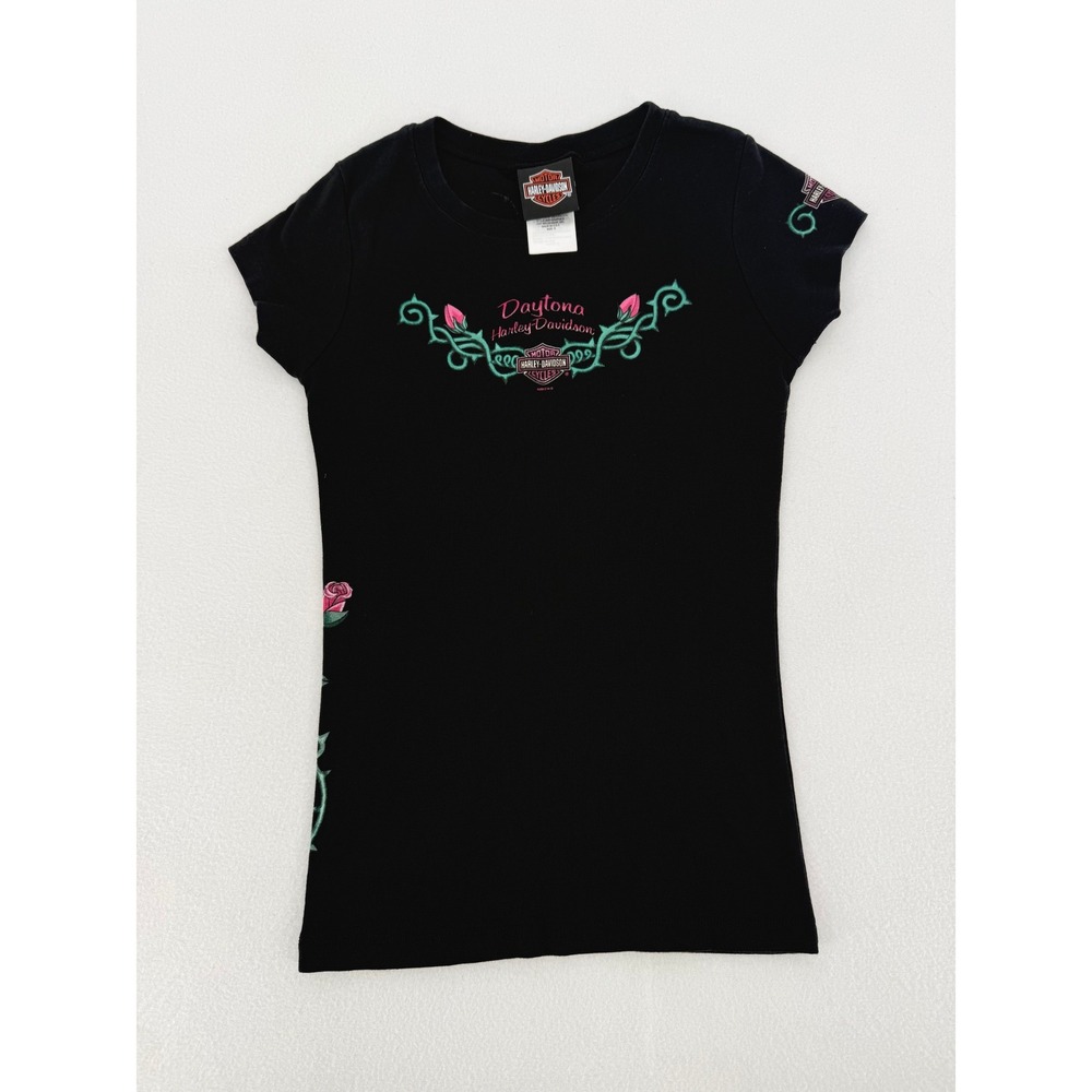Harley Davidson Graphic T-Shirt Y2K‎ Womens S Black Daytona Beach Rose Vine 2012